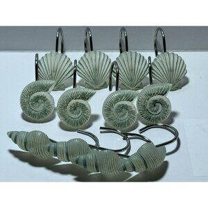 Nautical Theme Shower Curtain Hooks Set Shell Nautilus Conch Design Silver Hooks